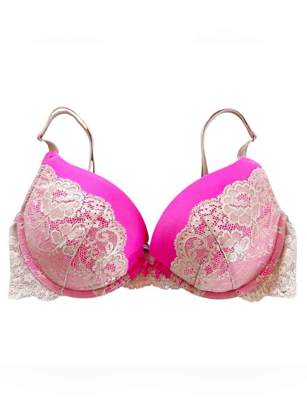 Victoria's Secret Dream Angels Push Up Bra Hot Pink Gold Chantilly Lace 34D